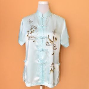 Hand-painted Asiatic Mint Blue Silk Shirt